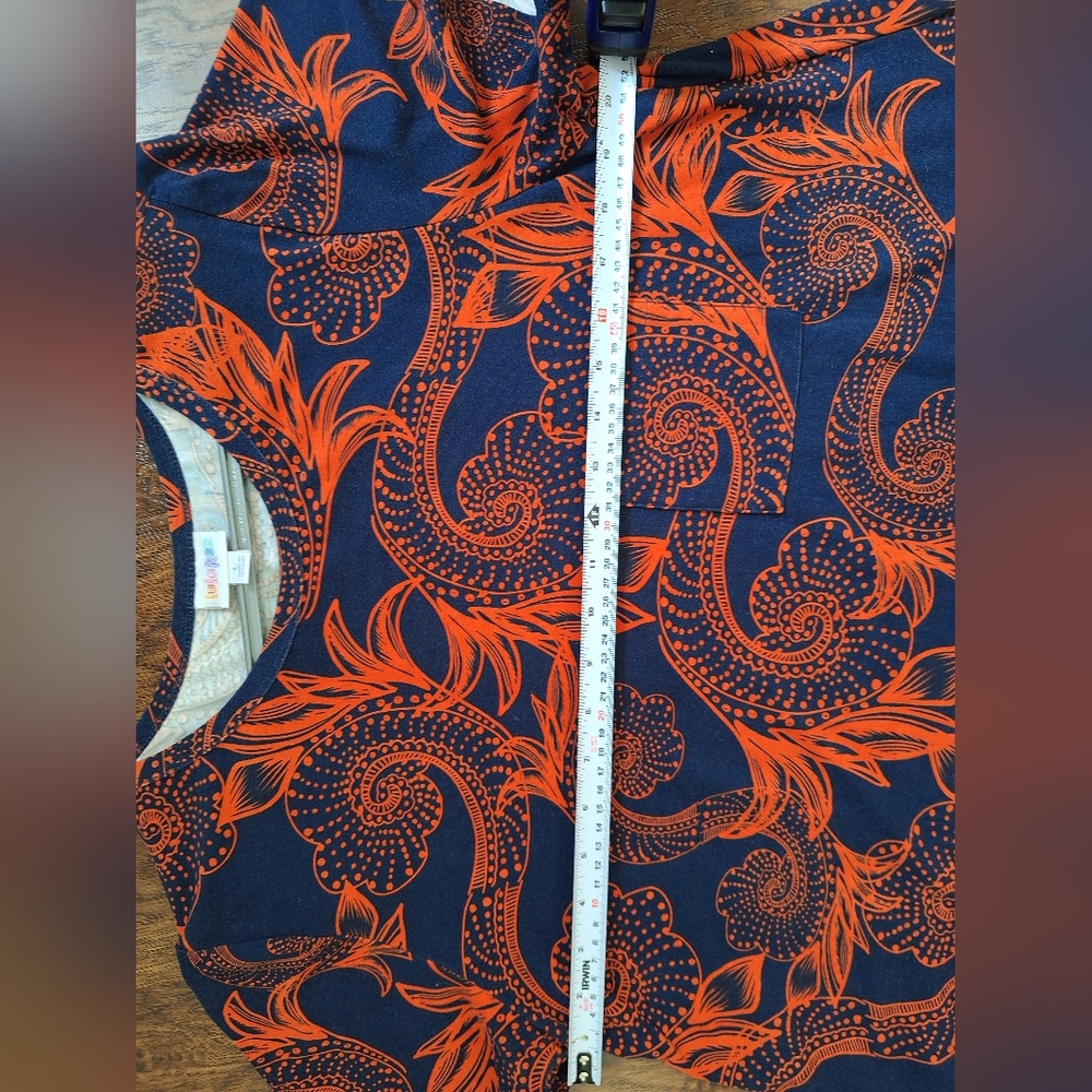 LuLaRoe Navy Tee Dress with Bright Orange Swirl Print - Picture 2 of 6